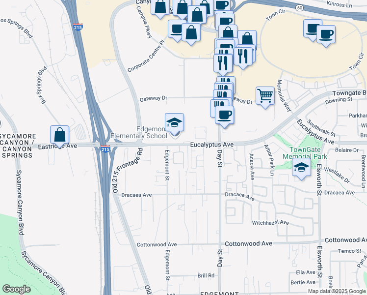 map of restaurants, bars, coffee shops, grocery stores, and more near 21825 Eucalyptus Avenue in Moreno Valley