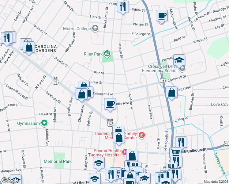 map of restaurants, bars, coffee shops, grocery stores, and more near 105 Brown Street in Sumter