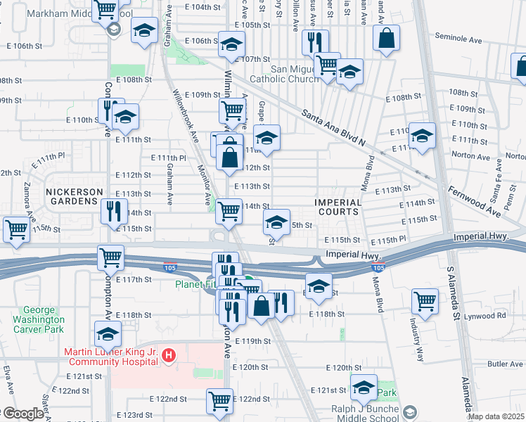 map of restaurants, bars, coffee shops, grocery stores, and more near 1964 East 114th Street in Los Angeles