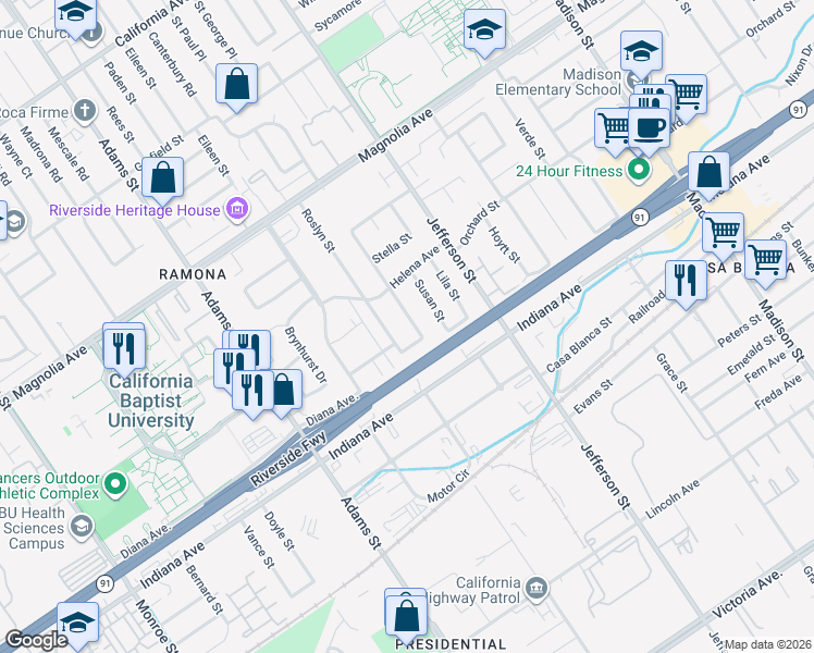 map of restaurants, bars, coffee shops, grocery stores, and more near 3506 Gay Way in Riverside