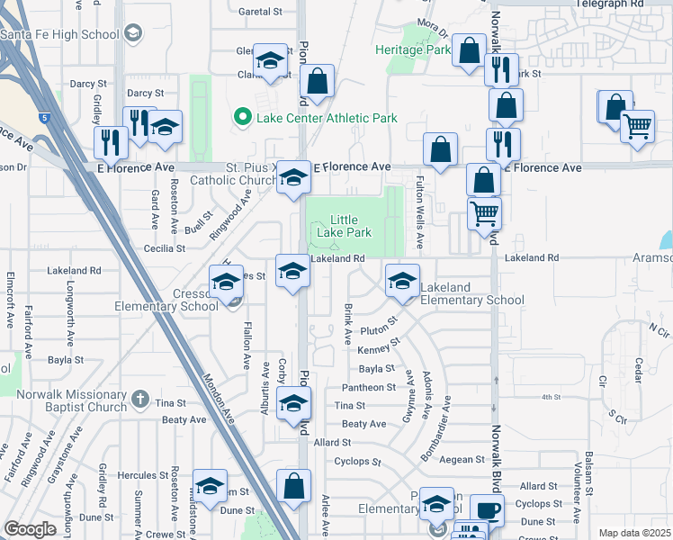 map of restaurants, bars, coffee shops, grocery stores, and more near 11012 Arlee Avenue in Norwalk
