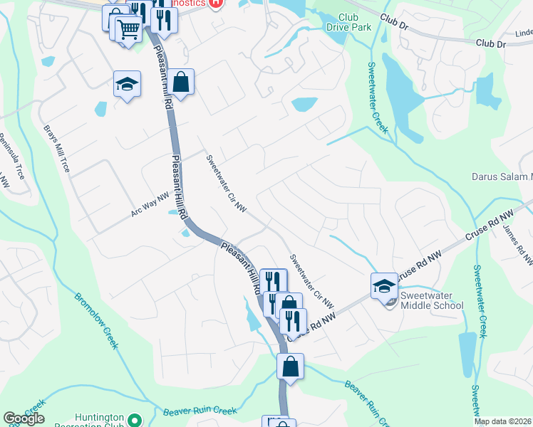 map of restaurants, bars, coffee shops, grocery stores, and more near 907 Halletts Peak Place in Lawrenceville