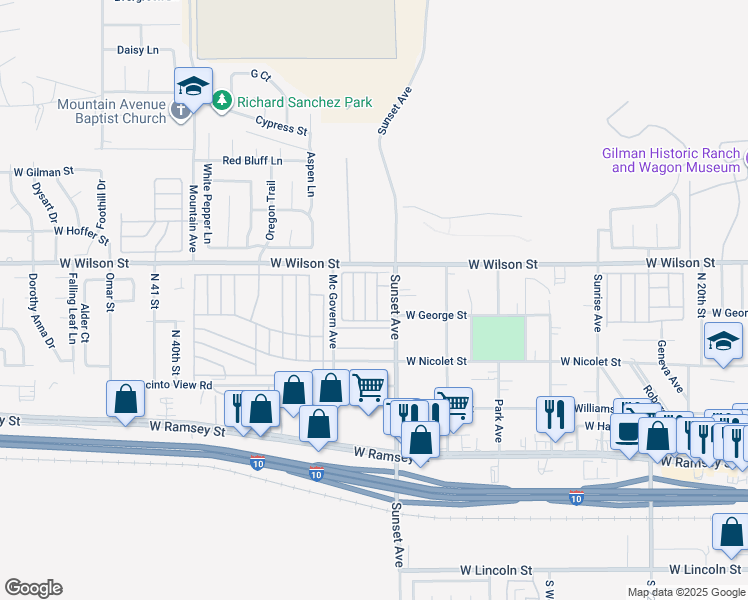 map of restaurants, bars, coffee shops, grocery stores, and more near 721 Sunset Avenue in Banning
