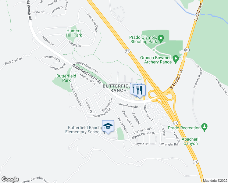 map of restaurants, bars, coffee shops, grocery stores, and more near 6375 Woodrow Court in Chino Hills