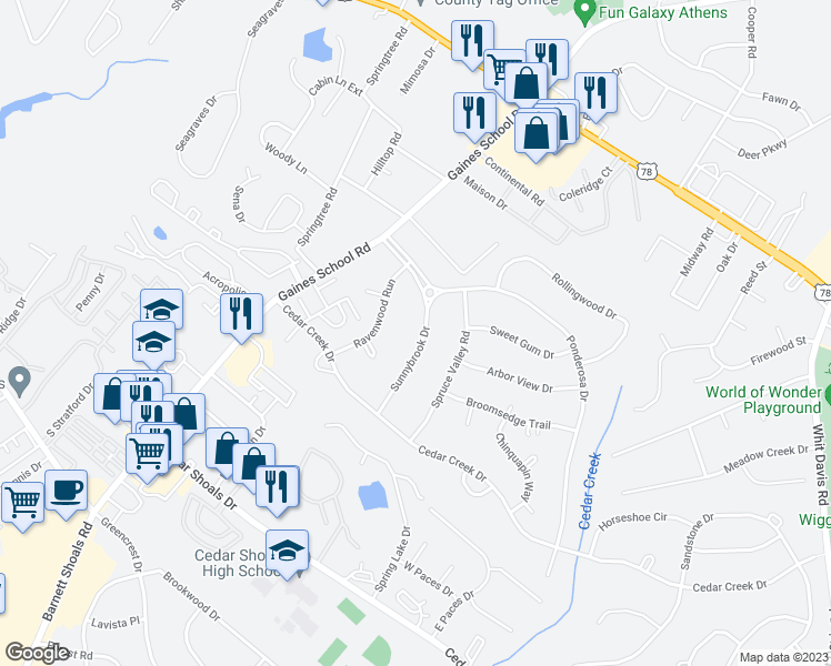 map of restaurants, bars, coffee shops, grocery stores, and more near 130 Sunnybrook Drive in Athens
