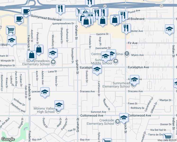 map of restaurants, bars, coffee shops, grocery stores, and more near 13012 Sunbird Drive in Moreno Valley
