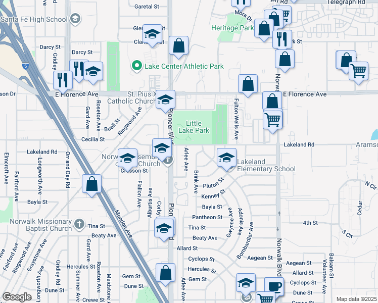 map of restaurants, bars, coffee shops, grocery stores, and more near 11012 Arlee Avenue in Norwalk
