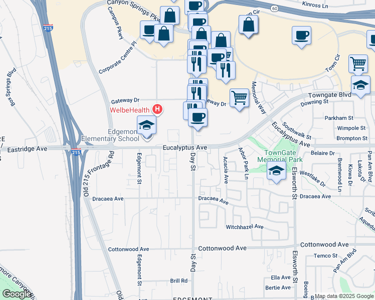 map of restaurants, bars, coffee shops, grocery stores, and more near 21981 Eucalyptus Avenue in Moreno Valley
