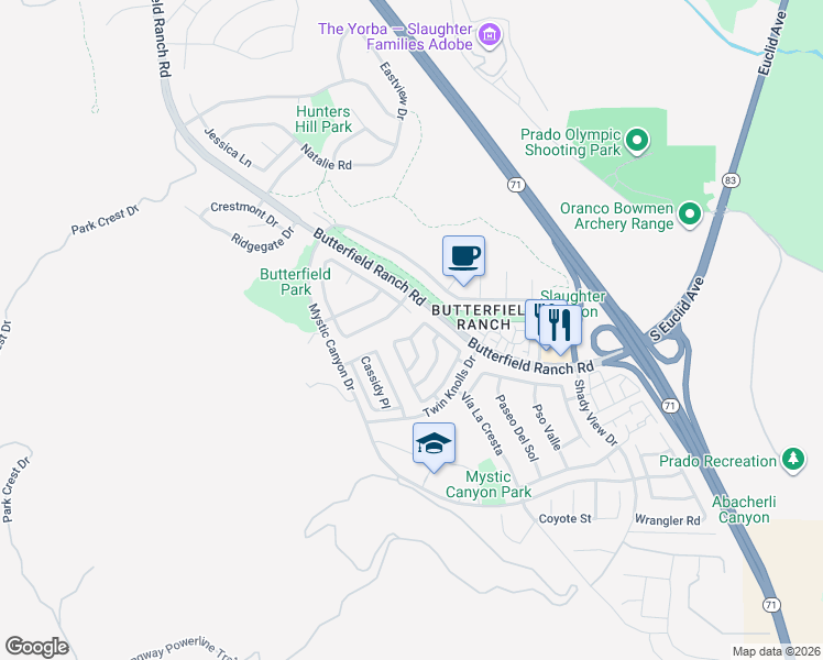 map of restaurants, bars, coffee shops, grocery stores, and more near 6229 Woodbridge Street in Chino Hills