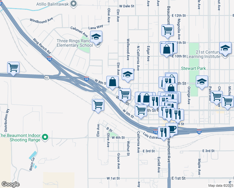 map of restaurants, bars, coffee shops, grocery stores, and more near 502 West 6th Street in Beaumont