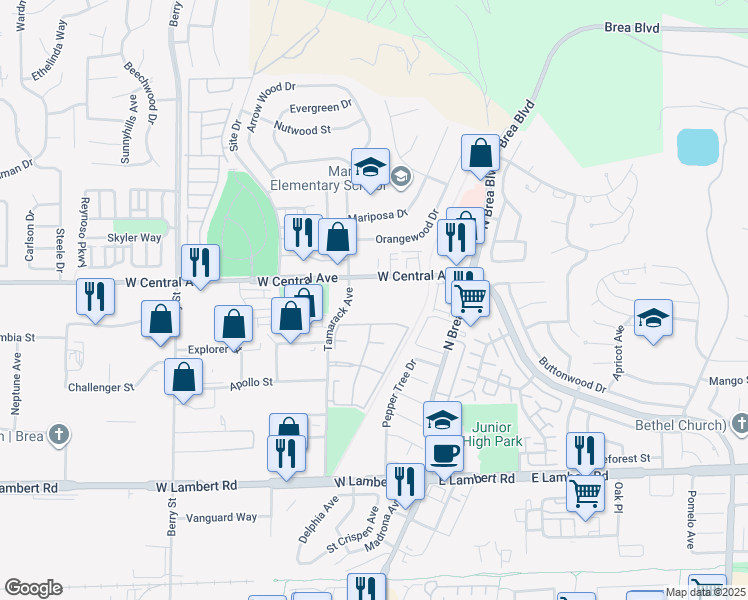 map of restaurants, bars, coffee shops, grocery stores, and more near 250 West Central Avenue in Brea