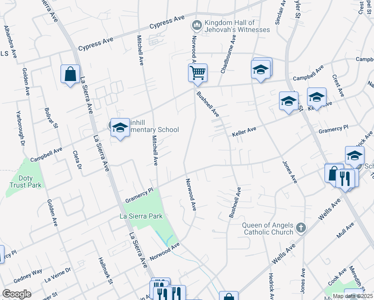 map of restaurants, bars, coffee shops, grocery stores, and more near Norwood Avenue in Riverside