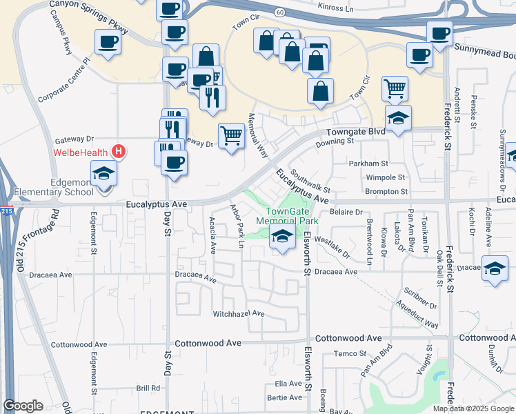 map of restaurants, bars, coffee shops, grocery stores, and more near 22320 Summer Holly Ave in Moreno Valley