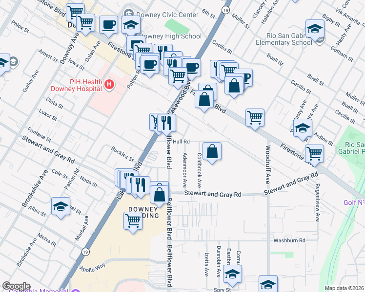 map of restaurants, bars, coffee shops, grocery stores, and more near in Downey