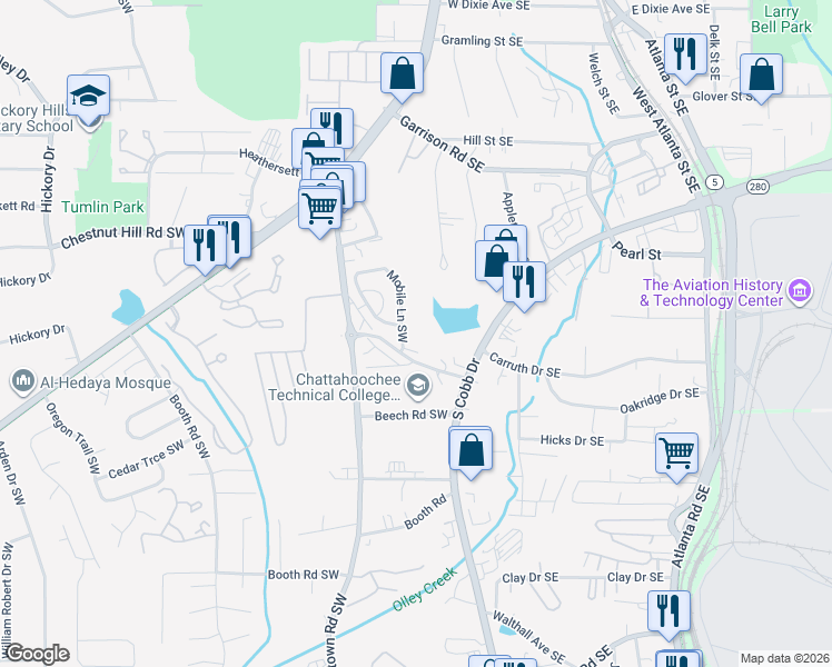 map of restaurants, bars, coffee shops, grocery stores, and more near 350 Park Circle Southwest in Marietta