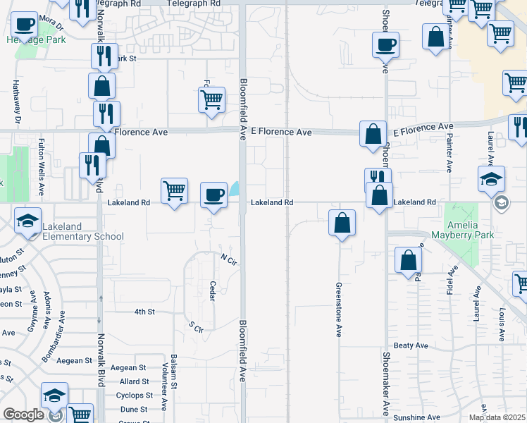 map of restaurants, bars, coffee shops, grocery stores, and more near 11020 Bloomfield Avenue in Santa Fe Springs