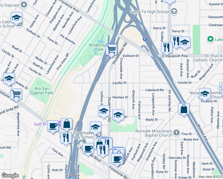 map of restaurants, bars, coffee shops, grocery stores, and more near 11224 Studebaker Road in Norwalk