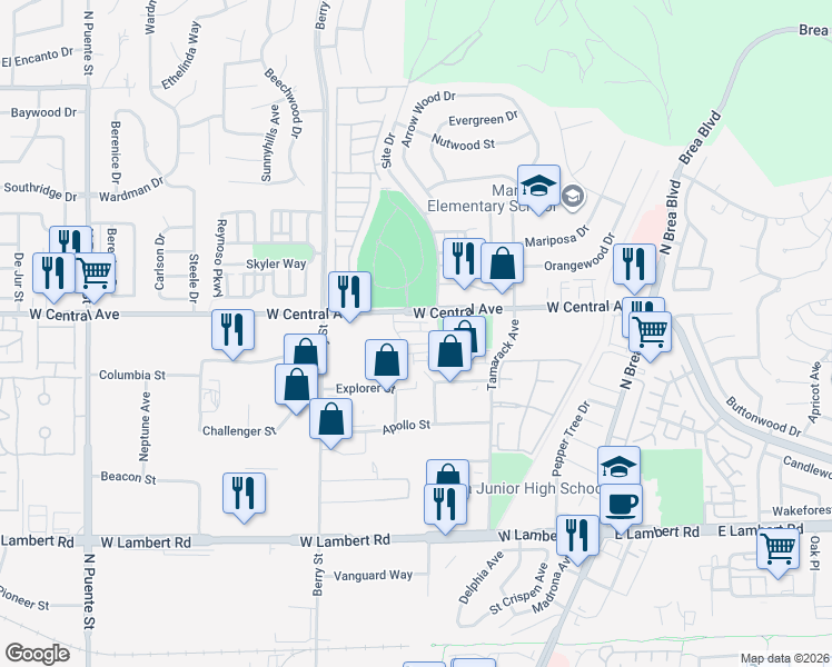 map of restaurants, bars, coffee shops, grocery stores, and more near 423 Hudson Street in Brea