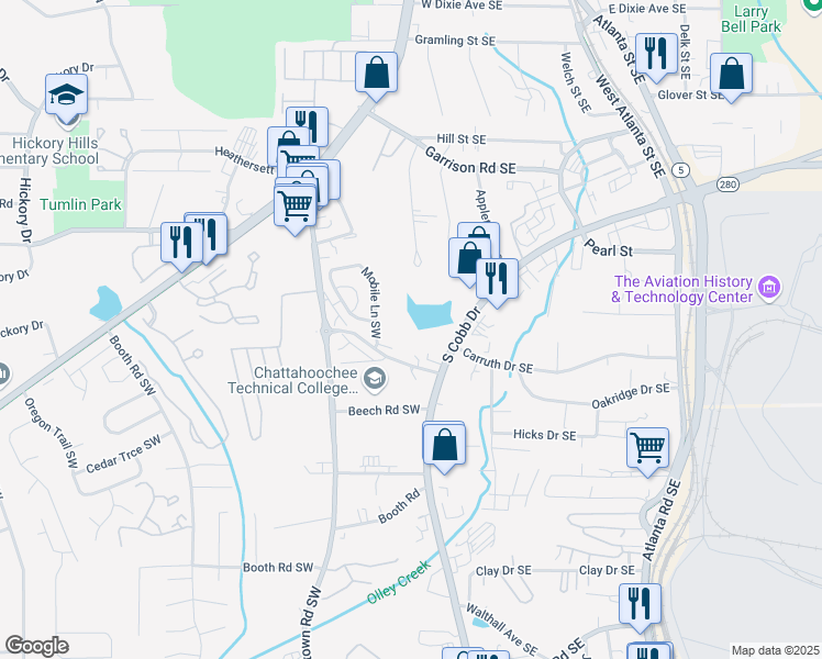 map of restaurants, bars, coffee shops, grocery stores, and more near 2305 Garrison Plantation Drive in Marietta