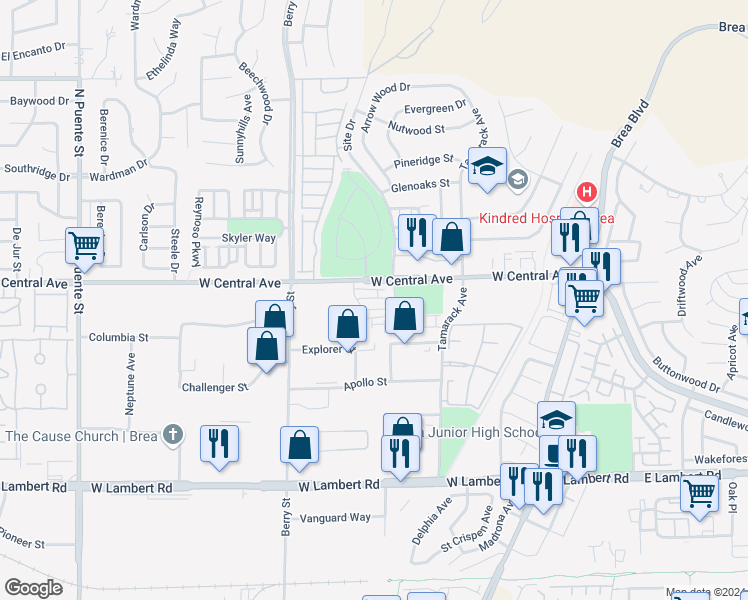 map of restaurants, bars, coffee shops, grocery stores, and more near 423 Hudson Street in Brea