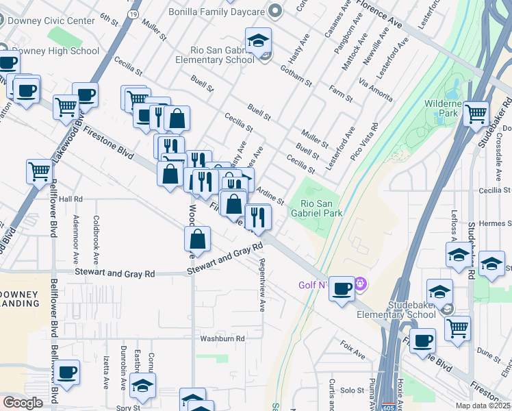map of restaurants, bars, coffee shops, grocery stores, and more near 11100 Pangborn Avenue in Downey