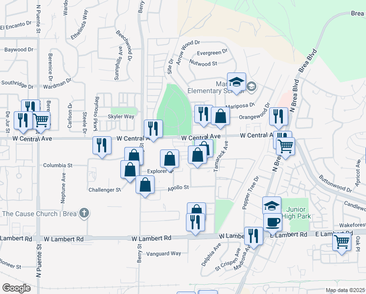 map of restaurants, bars, coffee shops, grocery stores, and more near 430 West Central Avenue in Brea
