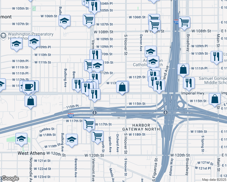 map of restaurants, bars, coffee shops, grocery stores, and more near 749 West Imperial Highway in Los Angeles