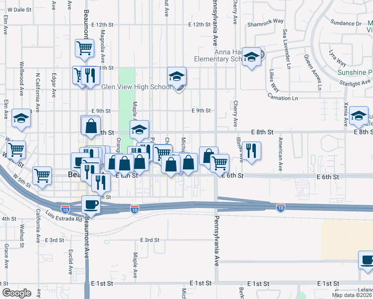 map of restaurants, bars, coffee shops, grocery stores, and more near 714 Michigan Avenue in Beaumont
