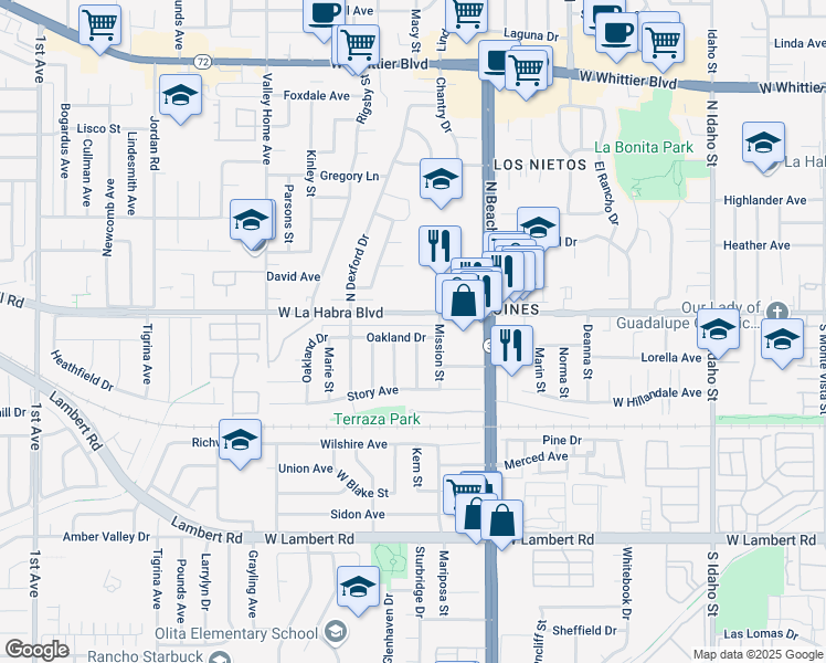 map of restaurants, bars, coffee shops, grocery stores, and more near 2241 Oakland Drive in La Habra