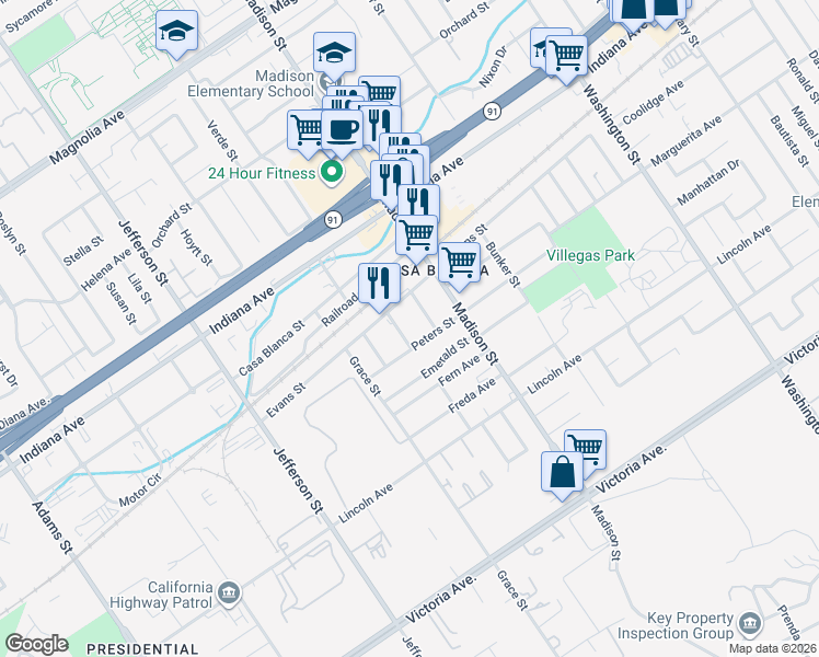 map of restaurants, bars, coffee shops, grocery stores, and more near 3151 Cary St in Riverside