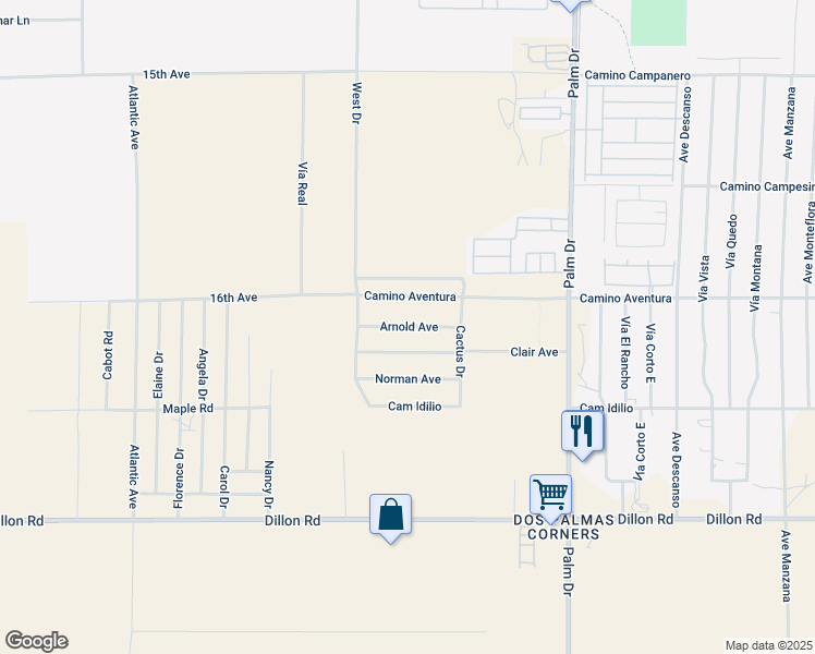 map of restaurants, bars, coffee shops, grocery stores, and more near Arnold Avenue in Desert Hot Springs