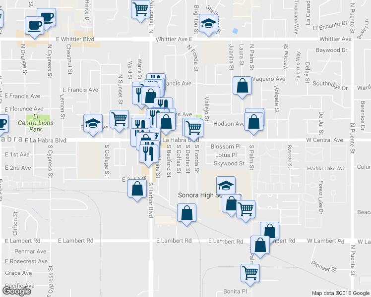 map of restaurants, bars, coffee shops, grocery stores, and more near 125 S Dexter St in La Habra