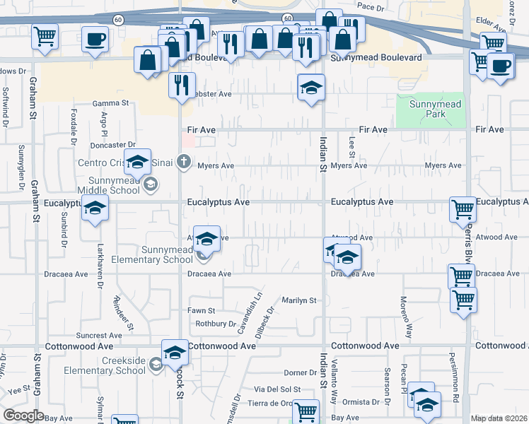 map of restaurants, bars, coffee shops, grocery stores, and more near 24295 Eucalyptus Avenue in Moreno Valley