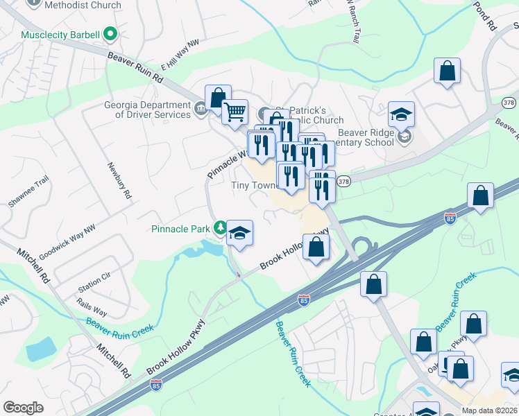 map of restaurants, bars, coffee shops, grocery stores, and more near 403 Vineyard Pond Drive Northwest in Norcross