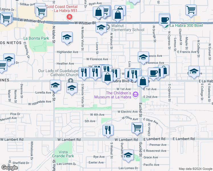 map of restaurants, bars, coffee shops, grocery stores, and more near 522 West La Habra Boulevard in La Habra