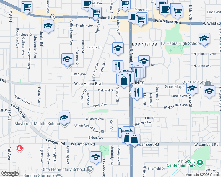 map of restaurants, bars, coffee shops, grocery stores, and more near 2241 Oakland Drive in La Habra