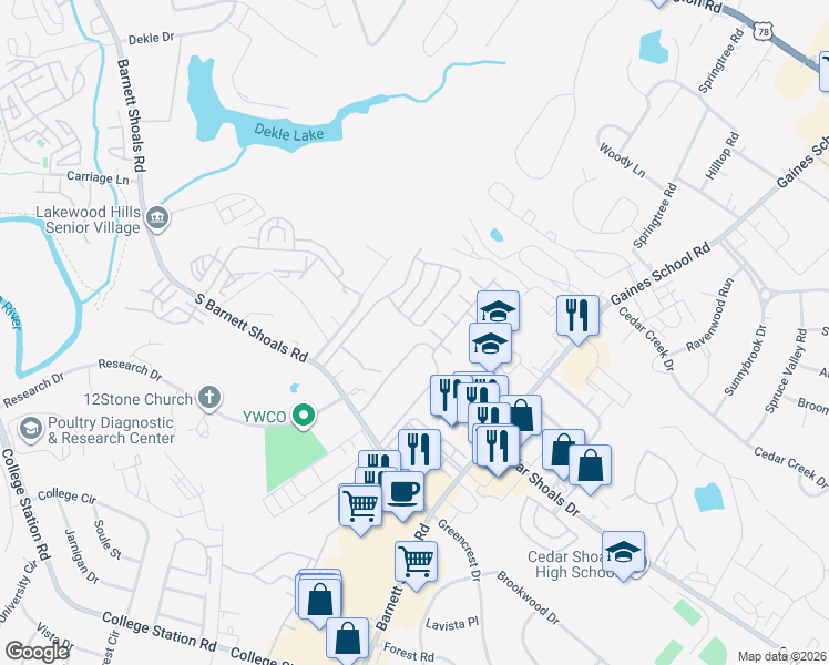 map of restaurants, bars, coffee shops, grocery stores, and more near 114 Crescendo Drive in Athens
