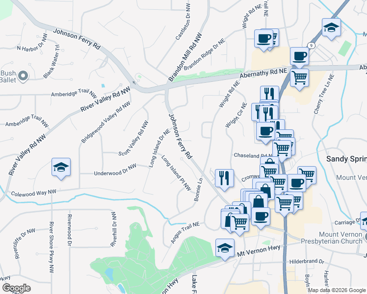 map of restaurants, bars, coffee shops, grocery stores, and more near 55 Johnson Ferry Road Northwest in Atlanta