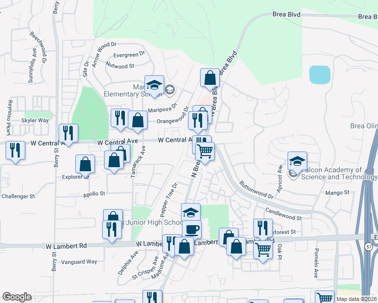map of restaurants, bars, coffee shops, grocery stores, and more near in Brea