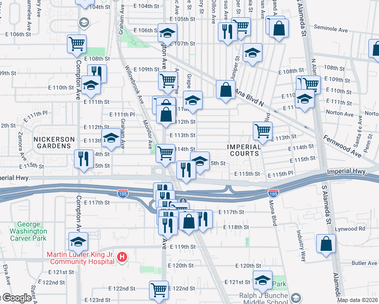 map of restaurants, bars, coffee shops, grocery stores, and more near 1964 East 114th Street in Los Angeles