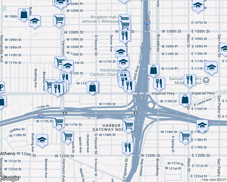map of restaurants, bars, coffee shops, grocery stores, and more near 553 West Imperial Highway in Los Angeles