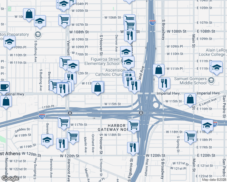 map of restaurants, bars, coffee shops, grocery stores, and more near 615 West Imperial Highway in Los Angeles