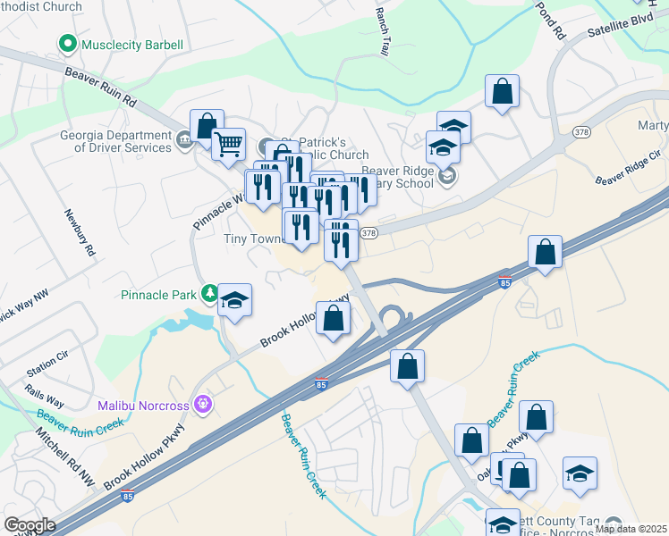 map of restaurants, bars, coffee shops, grocery stores, and more near 1945 Indian Trail Lilburn Road Northwest in Norcross