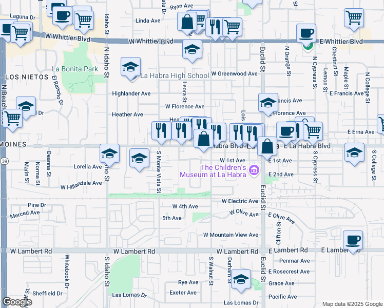 map of restaurants, bars, coffee shops, grocery stores, and more near 580 West La Habra Boulevard in La Habra
