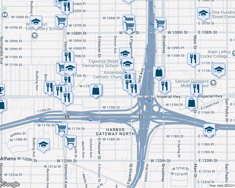 map of restaurants, bars, coffee shops, grocery stores, and more near 553 West Imperial Highway in Los Angeles