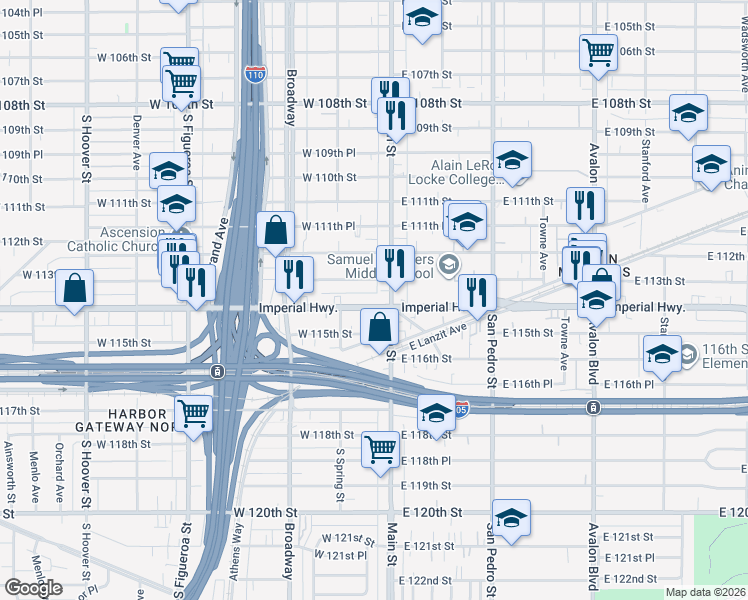 map of restaurants, bars, coffee shops, grocery stores, and more near 115 West Imperial Highway in Los Angeles