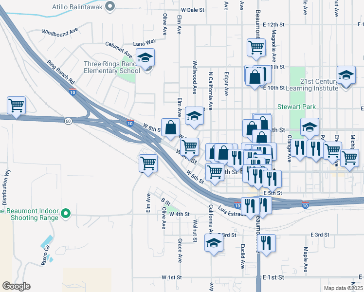 map of restaurants, bars, coffee shops, grocery stores, and more near 449 West 7th Street in Beaumont