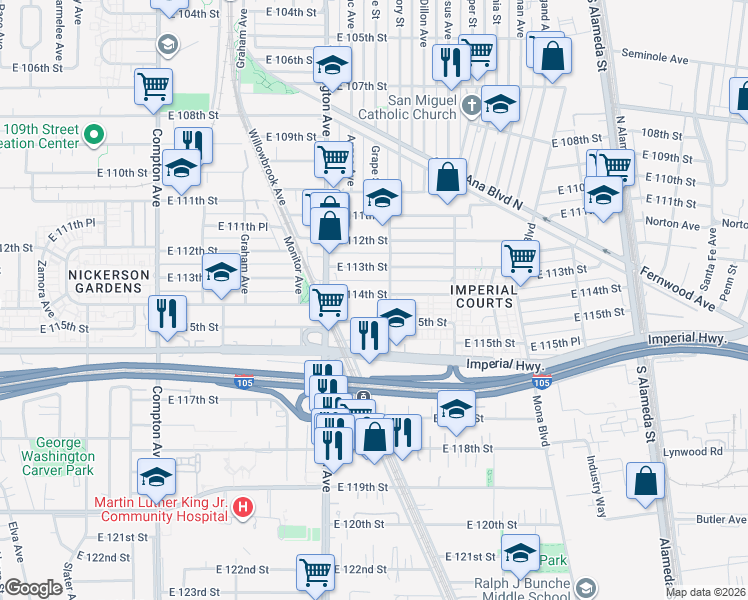map of restaurants, bars, coffee shops, grocery stores, and more near 1962 East 114th Street in Los Angeles