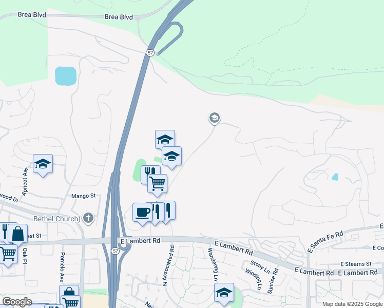 map of restaurants, bars, coffee shops, grocery stores, and more near 658 Wildcat Way in Brea