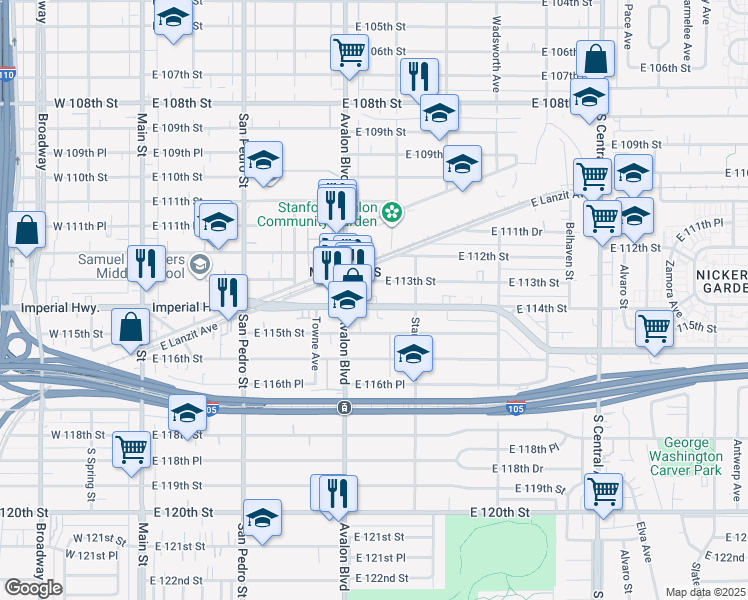 map of restaurants, bars, coffee shops, grocery stores, and more near 633 East Imperial Highway in Los Angeles
